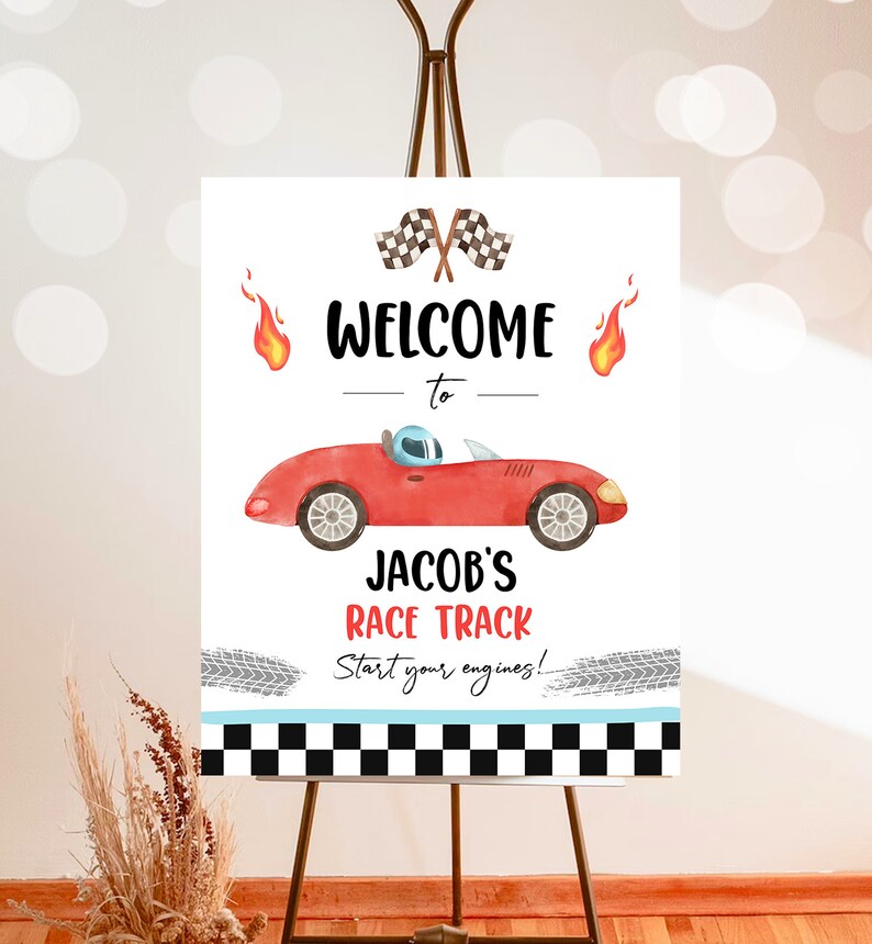 Editable Racing Birthday Welcome Sign Race Car Birthday Sign Growing Up Two Fast 2nd Birthday Red Boy Decor Digital Template Printable 0424 image 3