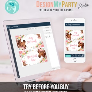 May include: A computer screen displaying a design template for a party favour tag. The tag features a watercolour illustration of a horse with a floral crown and the text "Your text here".