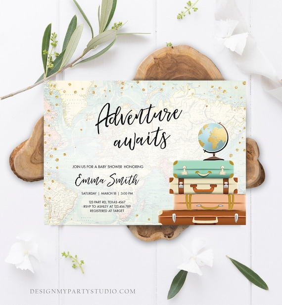 Editable Adventure Awaits Baby Shower Invitation Sprinkle Gold Confetti Suitcases Globe Travel Around World Printable Corjl Template 0263 Il_570xn