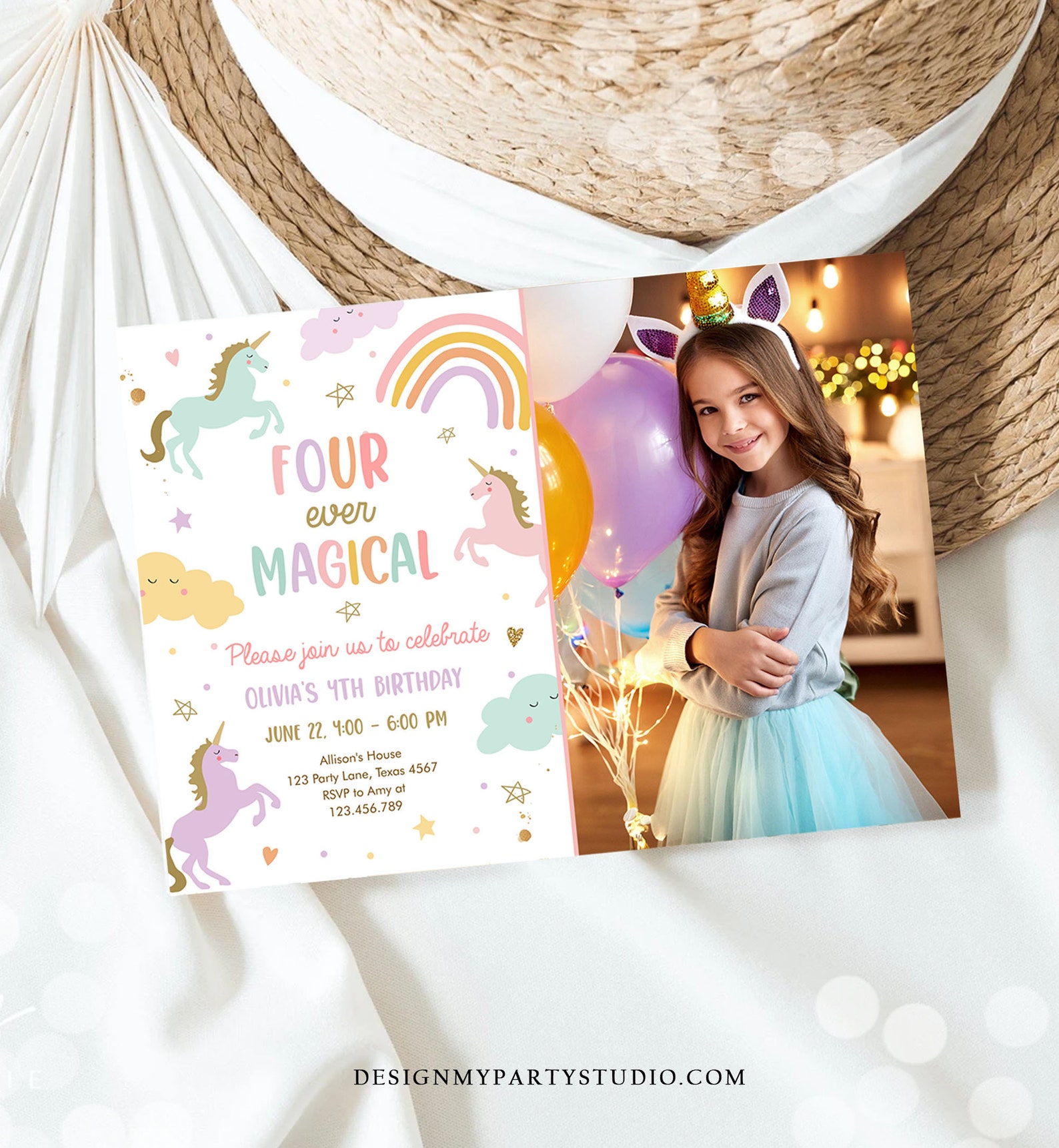 Editable Unicorn 4th Birthday Invitation Four Ever Magical Party Girl ...