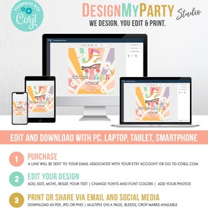 May include: A digital design template for a roller skate themed party invitation. The template features a colorful retro design with a roller skate, daisies, and the text "Thanks for rollin' with me!" The template can be edited and personalized using a computer, laptop, tablet, or smartphone.