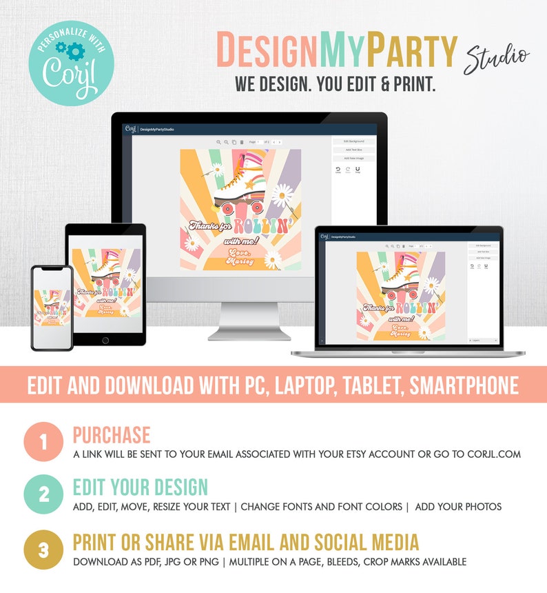 May include: A digital design template for a roller skate themed party invitation. The template features a colorful retro design with a roller skate, daisies, and the text "Thanks for rollin' with me!" The template can be edited and personalized using a computer, laptop, tablet, or smartphone.
