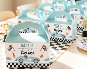 Two Fast Gable Box Favor Labels, Blue Race Car 2nd Birthday Party (Editable, Printable) 0424