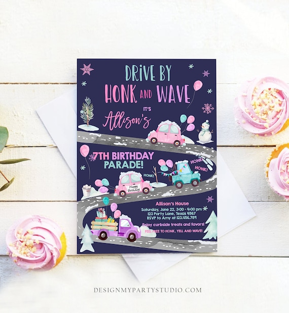 Editable Winter Drive By Birthday Invitation Parade Winter Onederland Virtual Party Invite Girl Pink Quarantine Download Digital Corjl 0333 Il_570xn