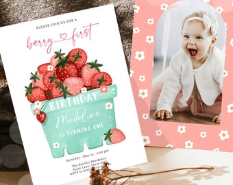 Editable Strawberry Birthday Invitation First Birthday Berry Sweet Girl Cute Strawberries 1st Download Printable Template Corjl Digital 0506