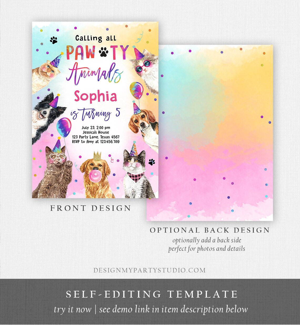 Editable Cats and Dogs Birthday Invitation Pawty Birthday Party Invite ...