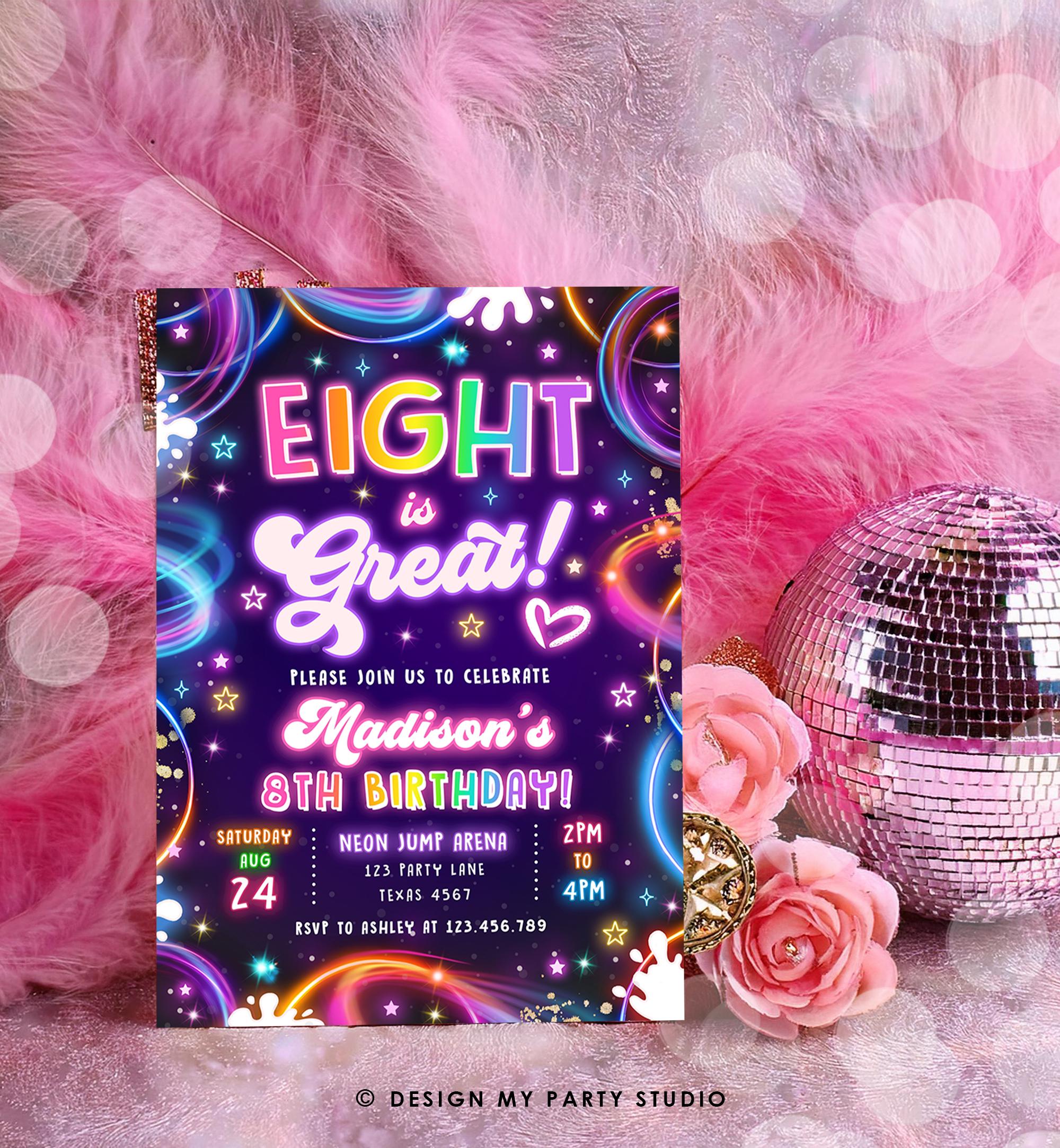 Editable Eight is Great Birthday Invitation Neon Glow Disco Girl