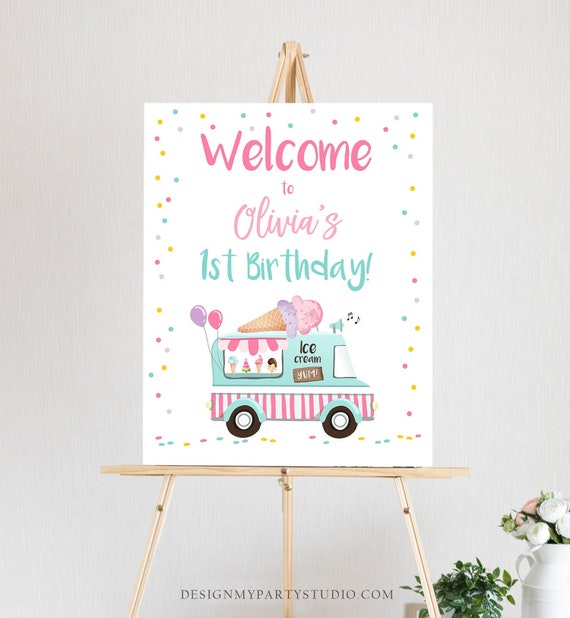 Editable Ice Cream Truck Party Welcome Sign Ice Cream Birthday Welcome Ice Cream Girl Summer Pink Mint Purple Template PRINTABLE Corjl 0243 Il_570xn