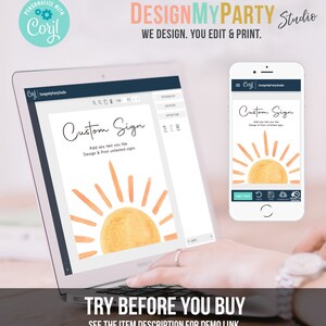 May include: A computer screen displaying a mockup of a customizable sign with a sun graphic. The text on the sign reads "Custom Sign" and "Add any text you like Design & Print unlimited signs". The screen is on a desk with a hand hovering over the keyboard. The text "TRY BEFORE YOU BUY" and "SEE THE ITEM DESCRIPTION FOR DEMO LINK" is displayed below the screen.