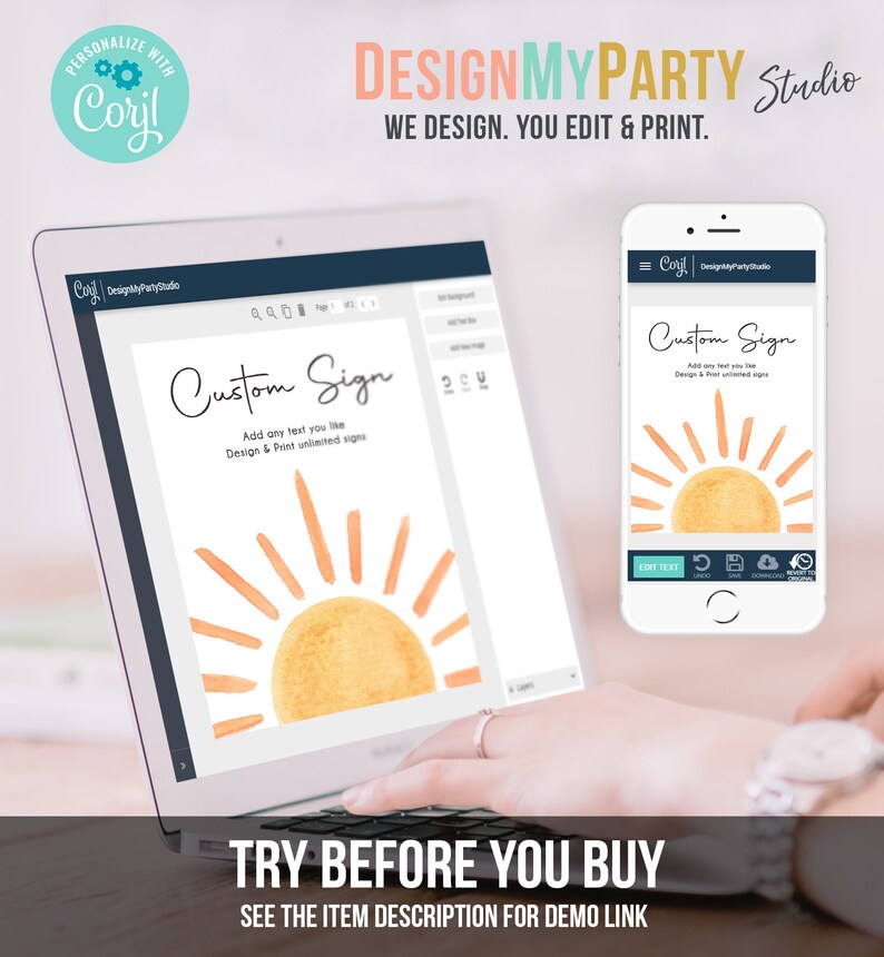 May include: A computer screen displaying a mockup of a customizable sign with a sun graphic. The text on the sign reads "Custom Sign" and "Add any text you like Design & Print unlimited signs". The screen is on a desk with a hand hovering over the keyboard. The text "TRY BEFORE YOU BUY" and "SEE THE ITEM DESCRIPTION FOR DEMO LINK" is displayed below the screen.