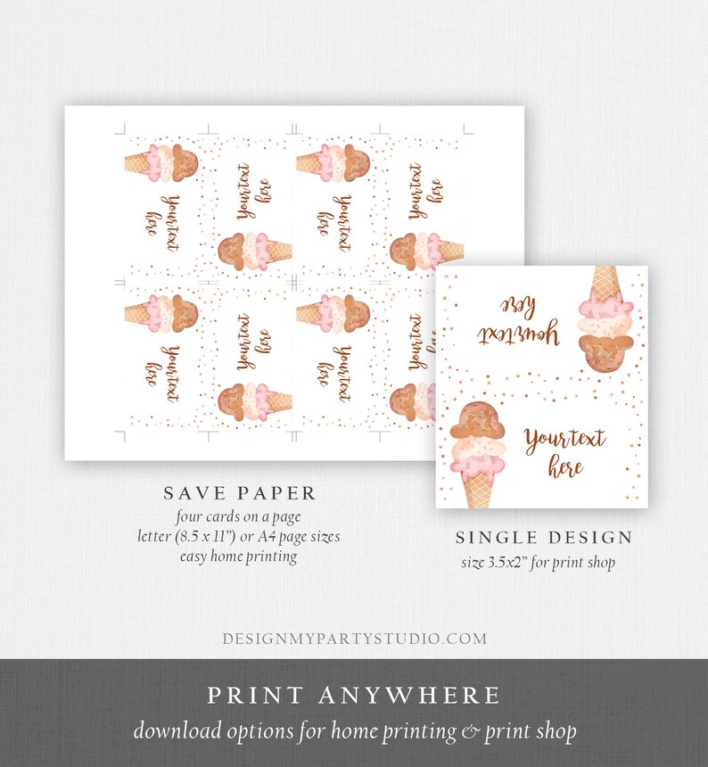 Editable Ice Cream Food Labels Ice Cream Birthday Food Cards Tent Card Girl Pink Gold the Scoop Buffet Label Tent Card Template Corjl 0243
