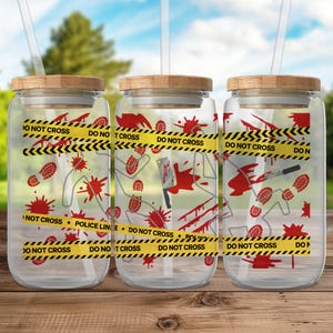 True Crime UV DTF Wrap: 16oz Glass Can Decal, Ready to Press
