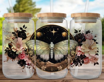 Celestial Moth Flowers UV DTF 16oz Glass Can Wrap Decal