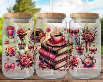 Calcomanía para envolver latas de vidrio de 16 oz con efecto UV DTF del Coffee Book Club