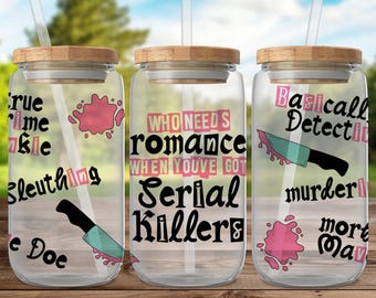 True Crime Junkie UV DTF Wrap, Horror Movie Decal, 16oz Libby Glass Can