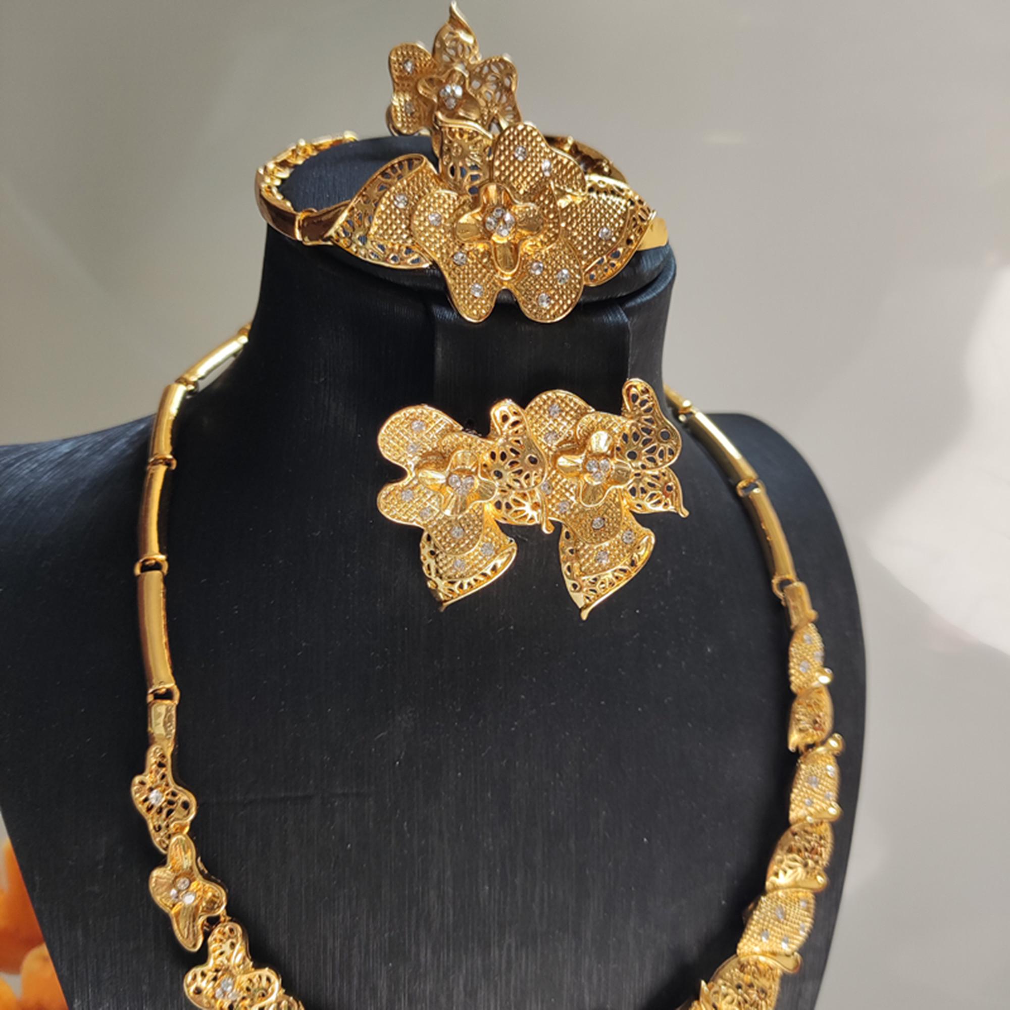 Gold Plated Floral Jewelry Set, Bridal Prom Necklace, Bracelet