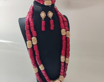 African Coral Jewelry Set: Nigerian Wedding Necklace, Bracelet & Earrings