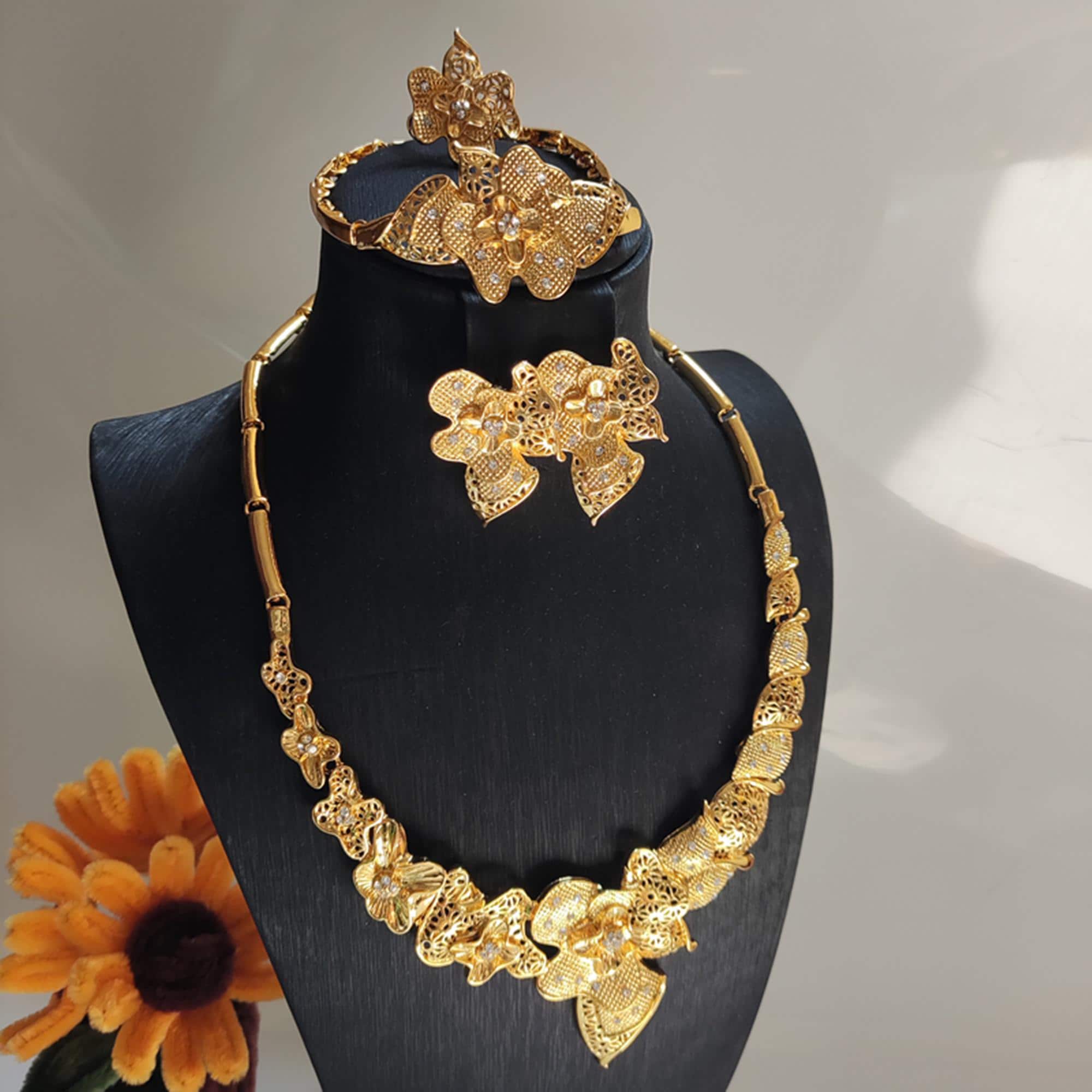 Gold Plated Floral Jewelry Set, Bridal Prom Necklace, Bracelet