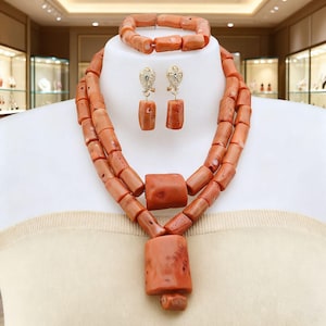 African Fashion Wedding Jewelry Set - Natural Coral Bead Necklace for Nigerian Wedding Jewelry