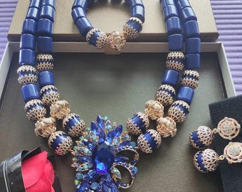 Aczuv Royal Blue Crystal Bead Jewelry Set - African Nigerian Wedding Necklace, Bracelet & Earrings For Women - View #11