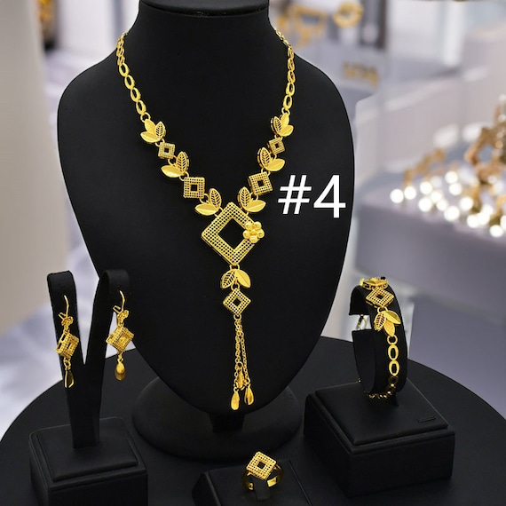 Parure De Bijoux Africains Pour Femme - Collier Et Boucles D'oreilles Dorés Style Dubai