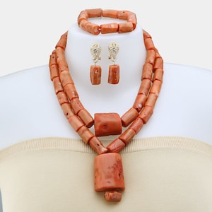 African Fashion Wedding Jewelry Set - Natural Coral Bead Necklace for Nigerian Wedding Jewelry
