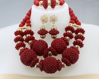 Nigerian Bead Jewelry Set in Red for African Wedding,Nigeria wedding jewelry set