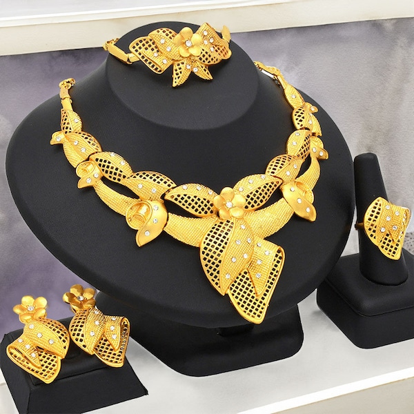 Trendy Nigeria wedding jewelry set, 24K Dubai Gold jewelry set, Prom jewelry set