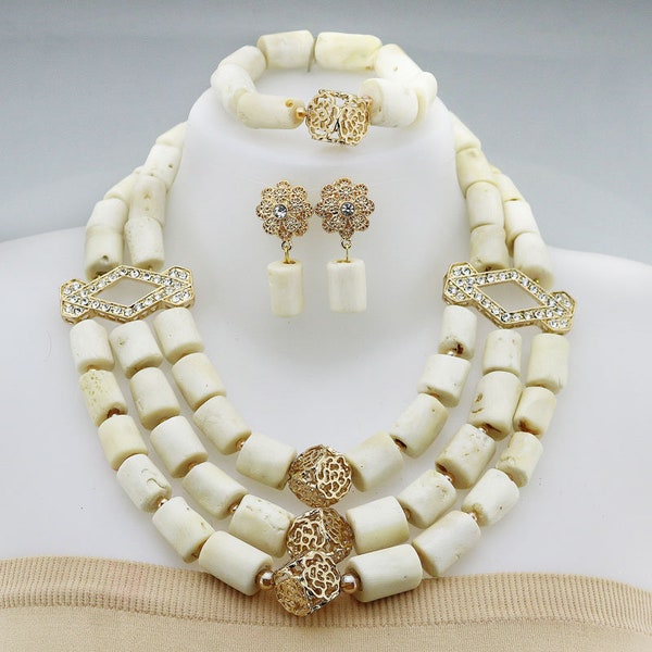 Collier de perles de corail africain en blanc : ensemble de bijoux de mariée pour les amateurs de mode africaine