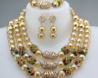 New Design 3-Row African Necklace Jewelry Set in Nigerian Bride Jewelry, Available in 3 Colors