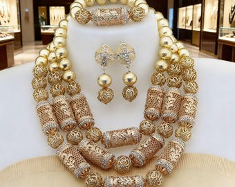 Parure de bijoux de mariage africain doré : collier, bracelet, boucles d'oreilles en cuivre