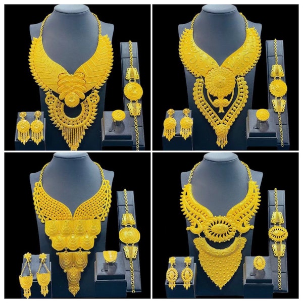 Dubai Gold 24K Big Necklace Set with Earrings, Bracelet, and Ring - African Jewelry Set