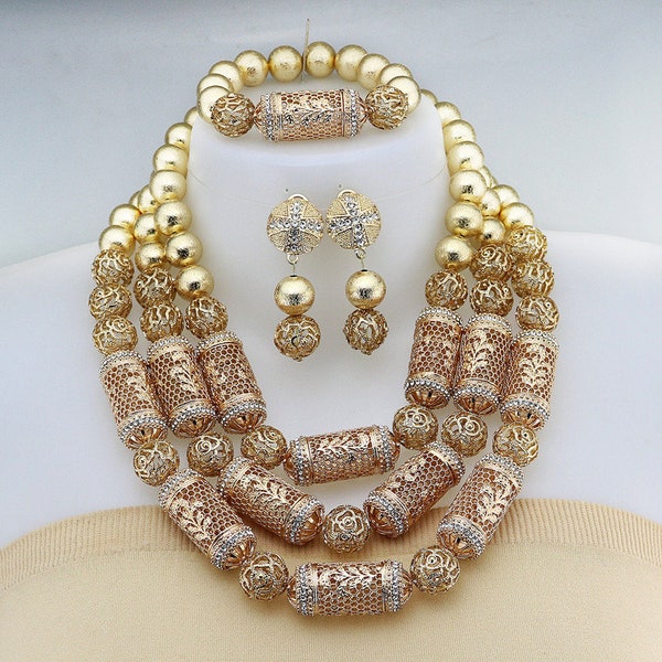 African Wedding Jewelry Set,Gold color African wedding necklace set, Prom Jewelry set