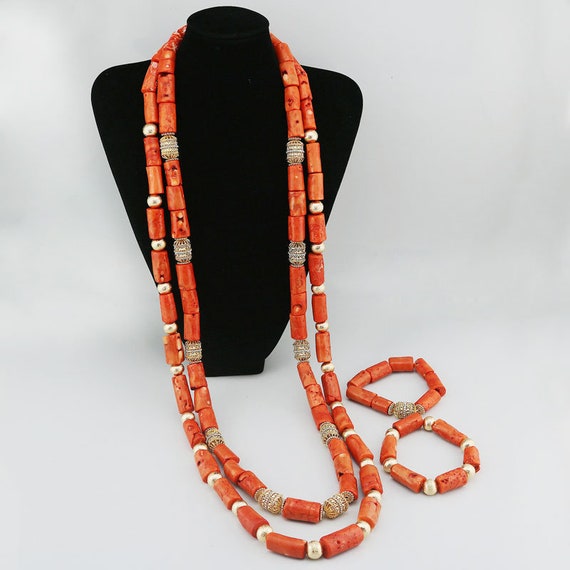 Amazon.com: Africanbeads 2 Rows Pink Coral African Beads Jewelry  Set,Nigerian Bridal Jewelry Set ,African Coral Beads,Wedding Beads Jewelry  Set(ABC059): Clothing, Shoes & Jewelry
