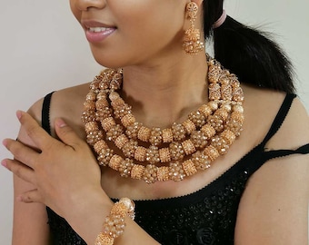 Quality Handmade Nigerian Jewelry Set for Party and Fashion - Wedding African Jewelry Set with Gold Africa Pendant