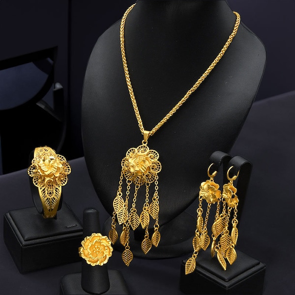 Luxury Dubai Gold Necklace Jewelry Set - African Wedding Necklace Jewelry Set in 4 Pieces