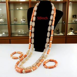 Luxury Nigeria Wedding Jewelry Set: Traditional Coral Bead Necklace with 50&quot; Long Necklace Jewelry for Men