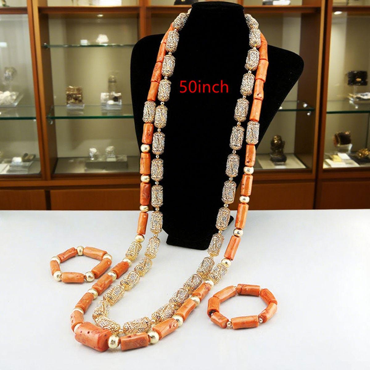 Africanbeads 4-Row Orange Coral Nigerian Wedding Jewelry Set – Necklace, Bracelet & Earrings, Handmade Beads - View #8