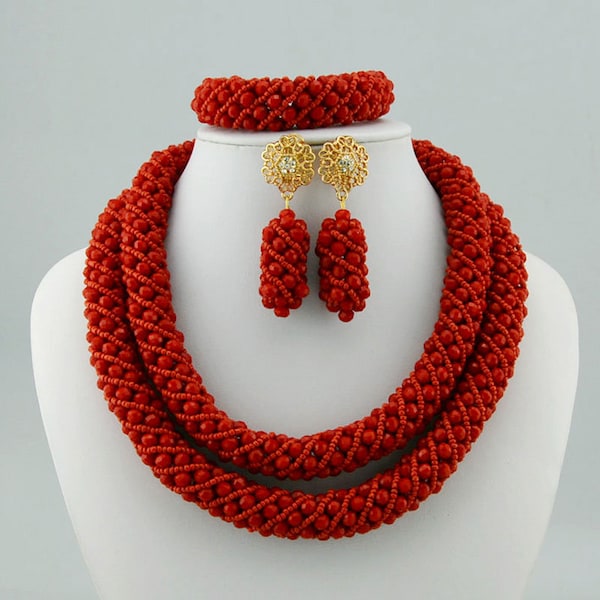 Stunning African Style Wedding Jewelry Set, Sparkling Crystal Red Necklace Accessories in a 3-Piece Set for an Elegant Look