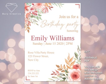 Birthday invitation - "Flowers" - for woman - plants - Digital, easy, fast >> NEW 2020!! EDITABLE PDF