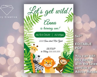 NEW 2020!! EDITABLE PDF >> Birthday invitation - "Let's get wild!" - Cute animals - Baby pets - Digital, easy, fast