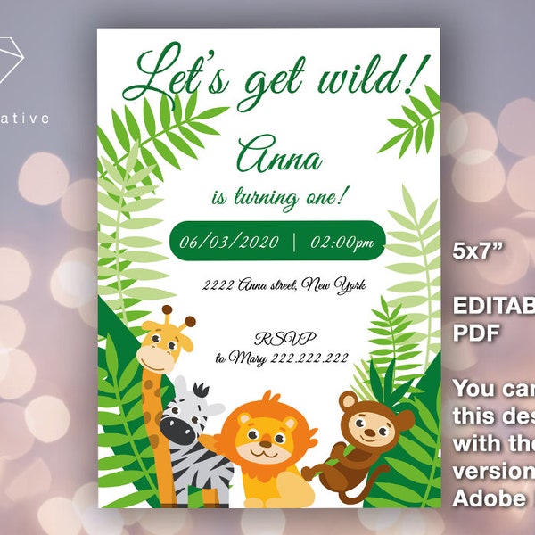 NEW 2020!! EDITABLE PDF >> Birthday invitation - "Let's get wild!" - Cute animals - Baby pets - Digital, easy, fast