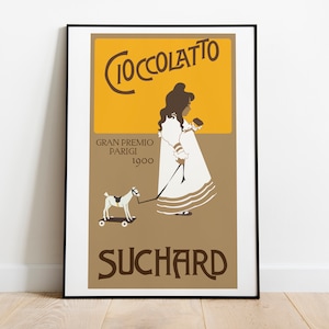 May include: A vintage poster advertising chocolate with the text "Cioccolato" and "Suchard". The poster features a girl in a white dress walking a toy horse on wheels. The background is yellow and brown.
