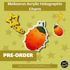 Pode incluir: Pré-encomenda de um amuleto de acrílico holográfico com um melão kiwano de desenho animado, também conhecido como melão com chifres. O amuleto é laranja e verde com um contorno branco. O amuleto está preso a um amuleto de estrela dourada com uma corrente dourada.