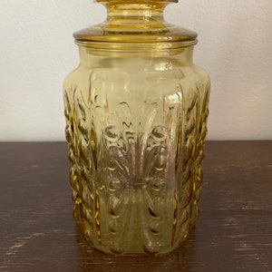 Vintage LE Smith Atterbury Scroll Amber Glass Canister With Lid