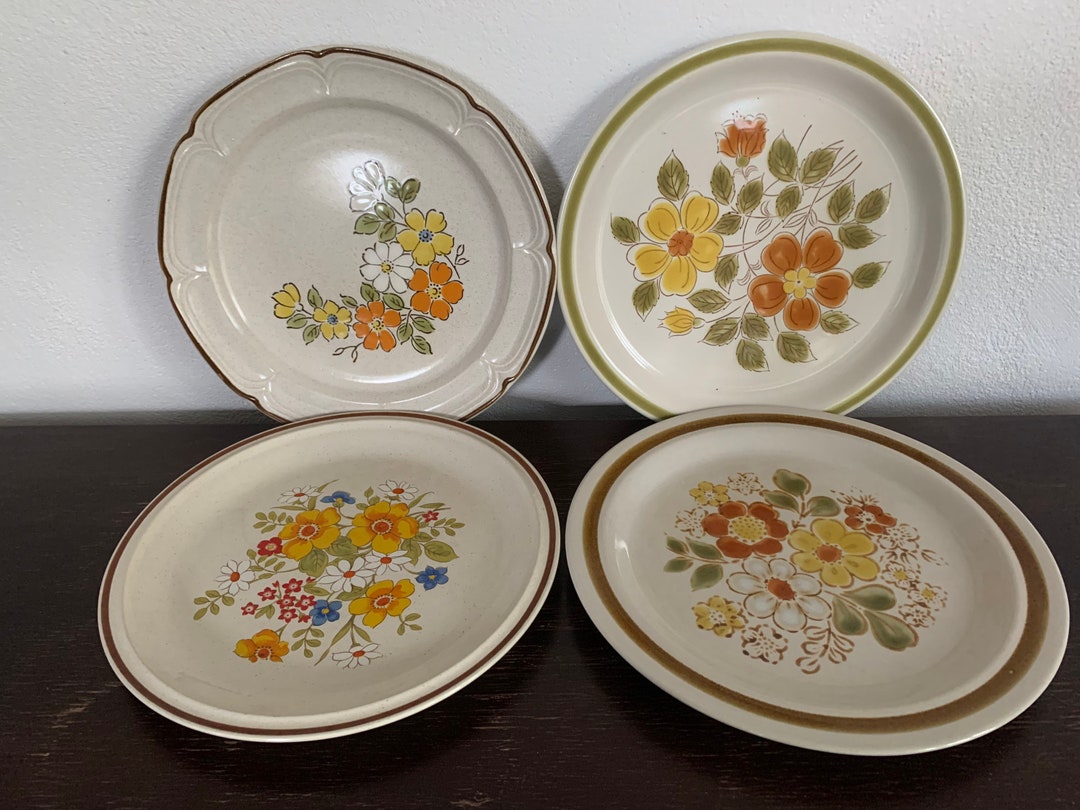 Mismatched Vintage Floral Stoneware Dinner Plate Set of Four (4