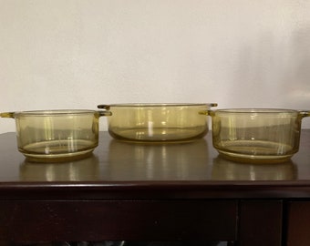 Vintage Amber Mexico Pyr O Rey Handled Bowls - Set of Three (3)