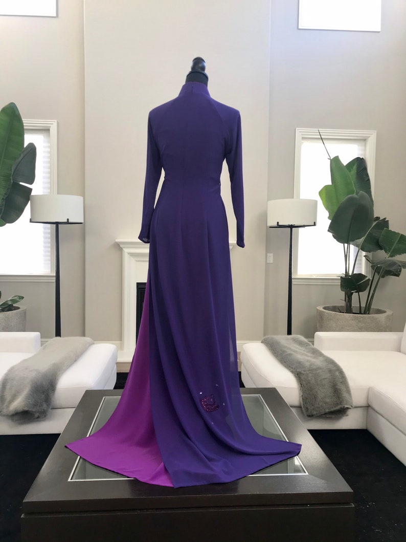 Made in the USA Purple flower 3D Embroidery 2 Layers Vietnamese Custom Traditional Ao Dai