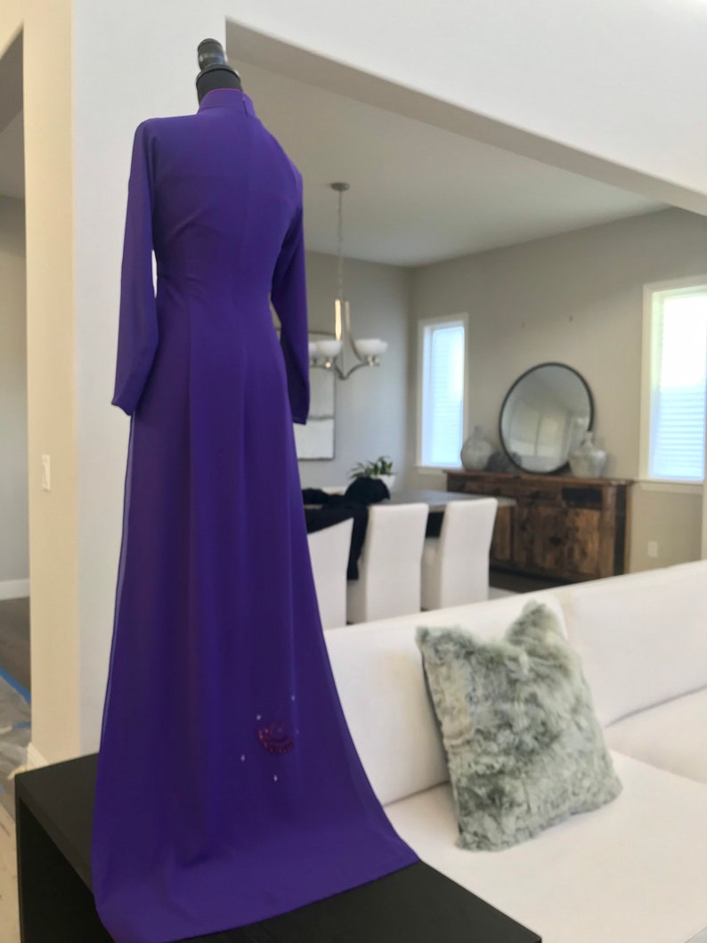 Made in the USA Purple flower 3D Embroidery 2 Layers Vietnamese Custom Traditional Ao Dai