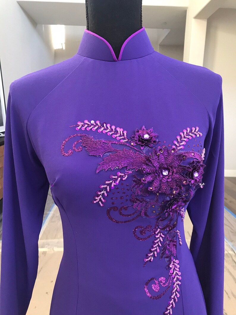 Made in the USA Purple flower 3D Embroidery 2 Layers Vietnamese Custom Traditional Ao Dai